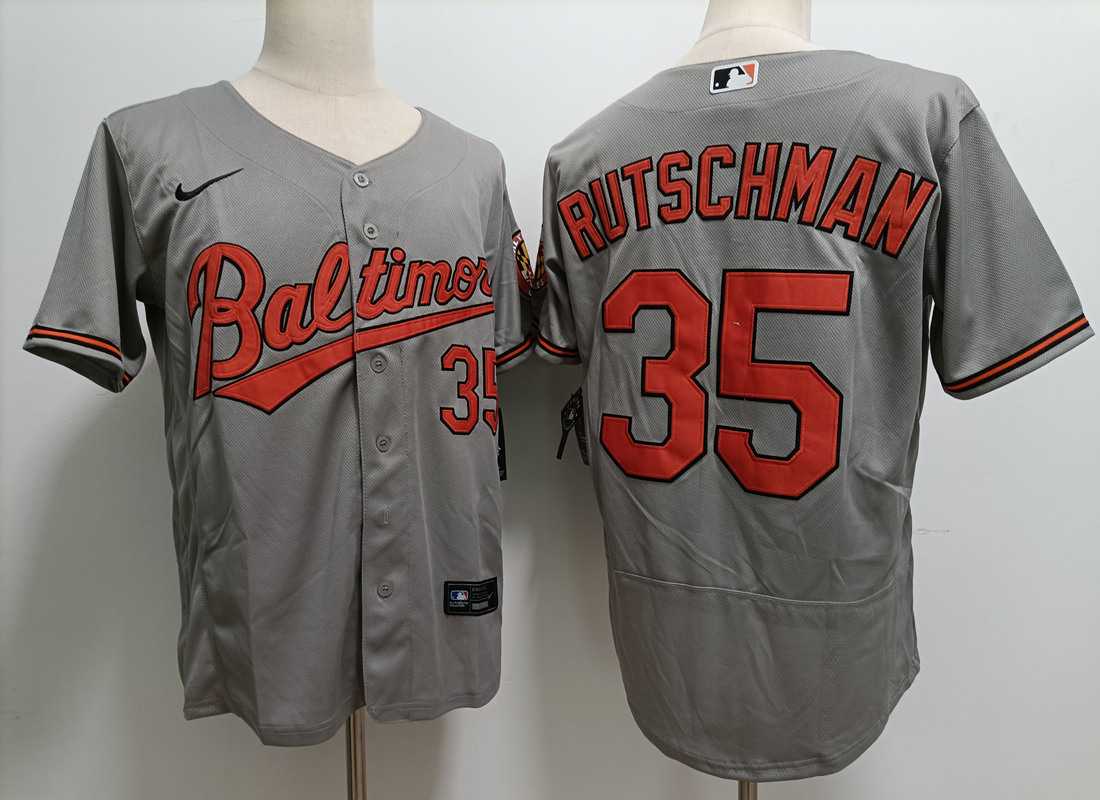 Mens Baltimore Orioles #35 Adley Rutschman Grey Stitched Flex Base Nike Jersey